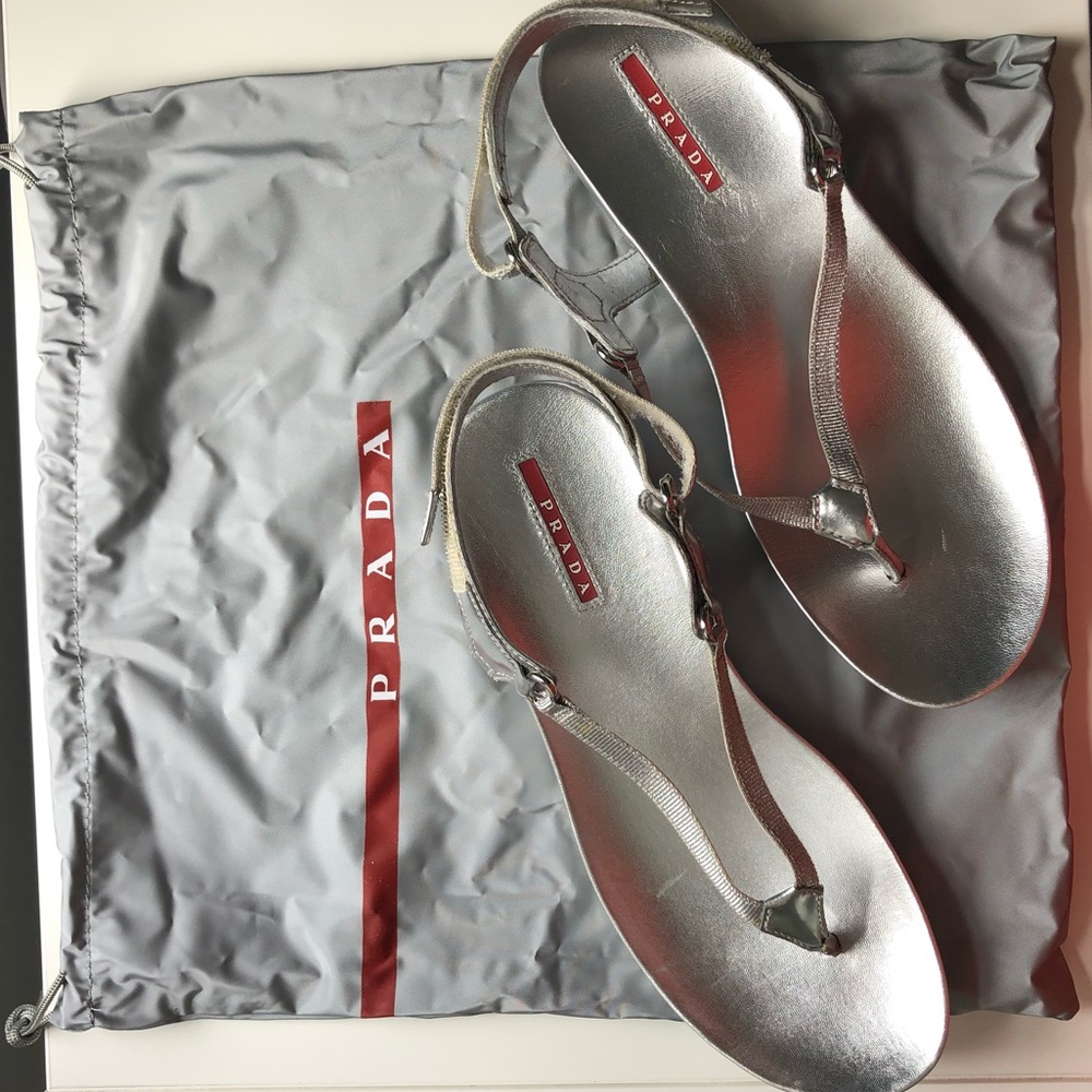 Authentic PRADA silver thong sandals